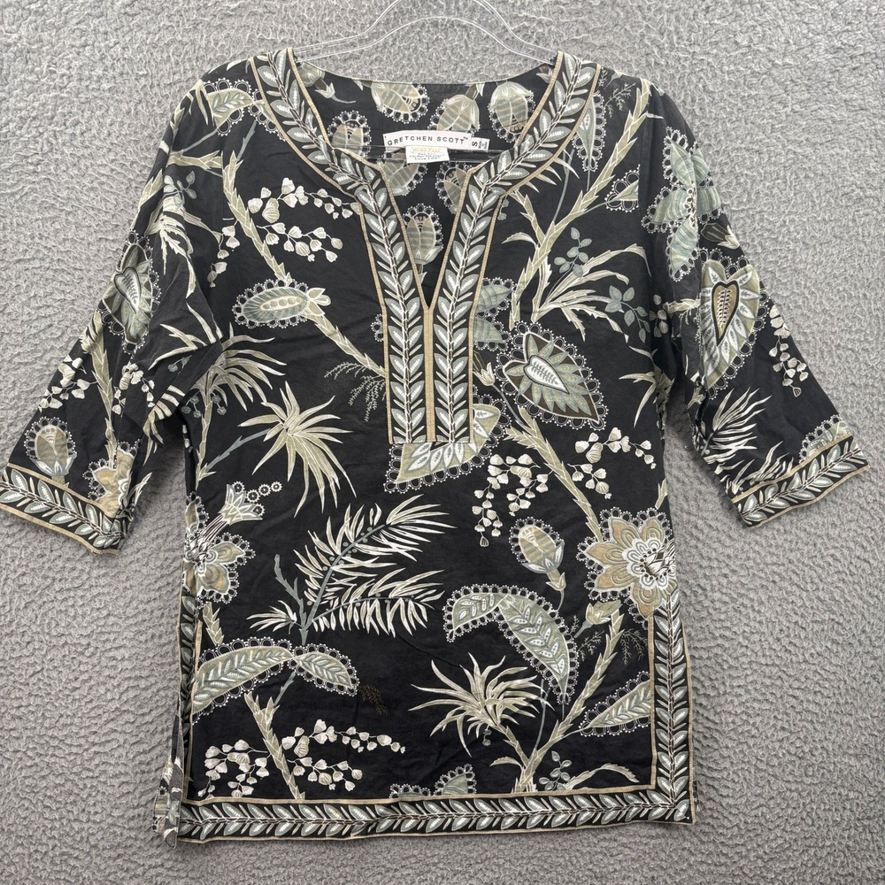 Gretchen Scott Tunic Women S Black Floral 3/4 Sleeve Cotton Split Neck Side Slit